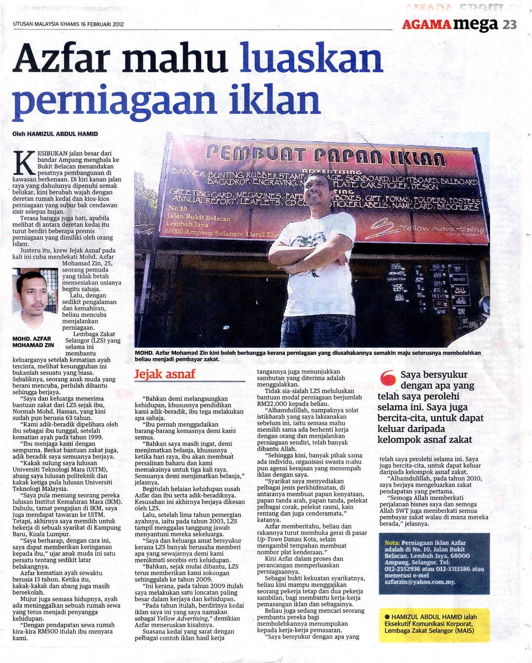 AZFAR MAHU LUASKAN PERNIAGAAN IKLAN - Lembaga Zakat Selangor